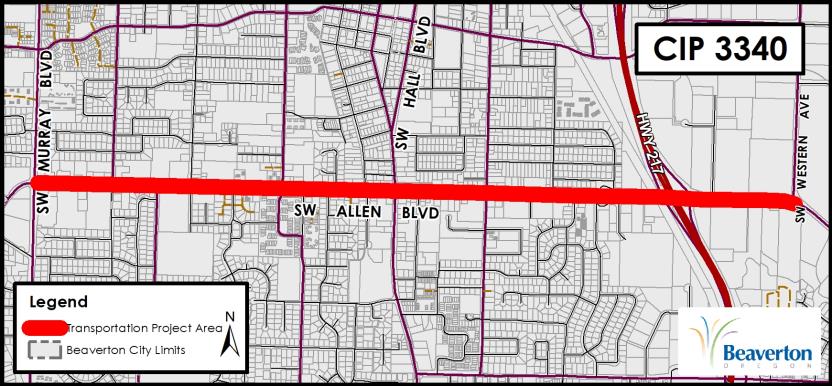 CIP 3340 Transportation Project map of SW Allen Boulevard between SW Murray Boulevard and SW Western Avenue.